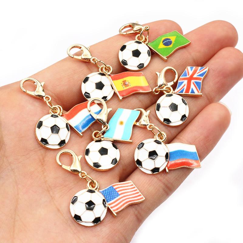 10Pcs DIY Enamel Football and Flag Charms Pendant with Lobter Clasp Craft Keychain Jewelry Making Accessories Findings