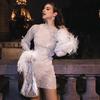 Sexy Glitter Evening Dress with Fur-Trimmed Cuffs Round Neckline Long Sleeves See-through Slim Fit Dress