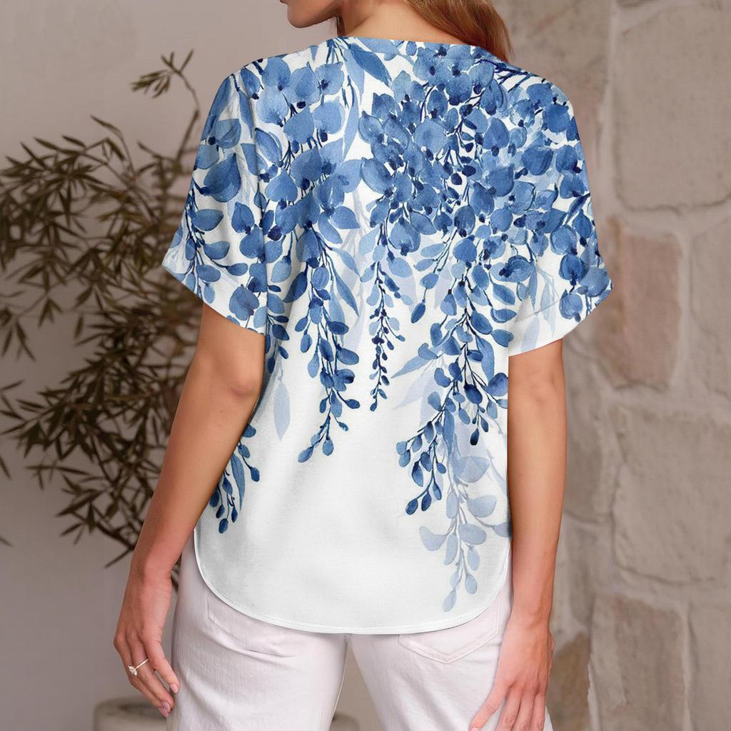 Women's Fashionable Casual Everyday Versatile Floral Print Slim-Fit Summer Short-Sleeve Top