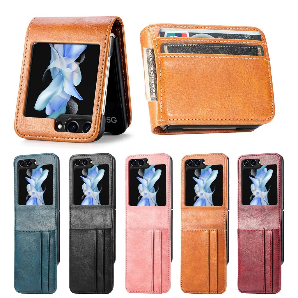 Leather Wallet Cover For Samsung Galaxy Z Flip 7 fe 6 5 4 3 2 Flip7 Flip6 Flip5 5G Phone Case with Card Holder Hinge Protection