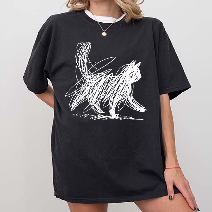 

2026 Summer Womens Scribble Cat Minimal Line Art TShirt Cotton and Breathable Short Sleeve Streetwear Oversized Loose Casual S