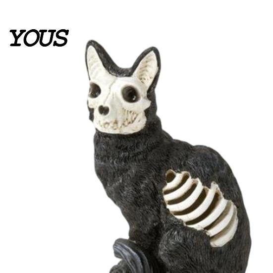 Dark Skull Halloween Statue Black Cat Pumpkin Figurine, Gothic with Hollow Ribs, Hair Bone Sculpture Spooky Decoration for Desktop