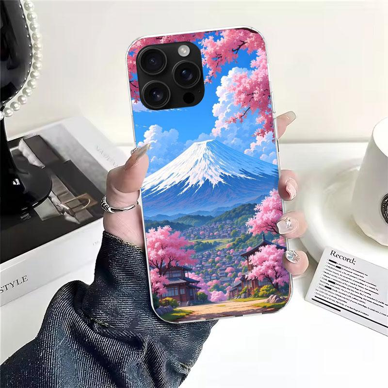 Japanese Cherry Mount Fuji Soft Phone Case For IPhone 11 17 Air 16E 16 Pro Max 15 + 14 Plus 13 Mini 12 Apple 7 SE 8 Fundas Coque