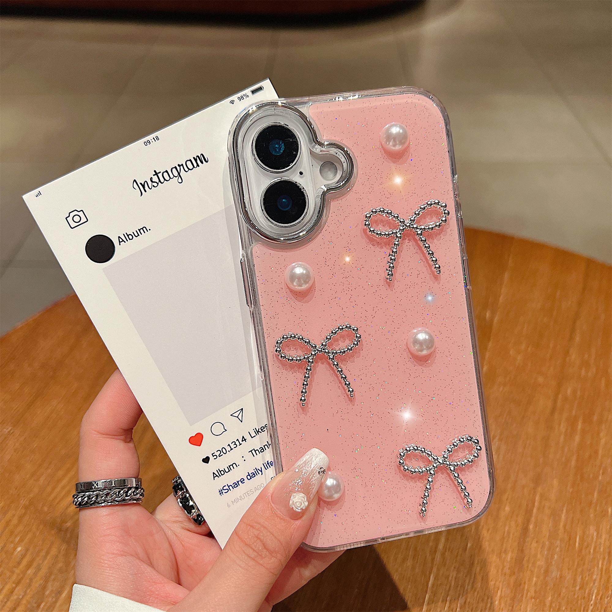 

For iPhone 16 Case Pearl Bow Epoxy Design TPU+PC Phone Back Cover Cyan