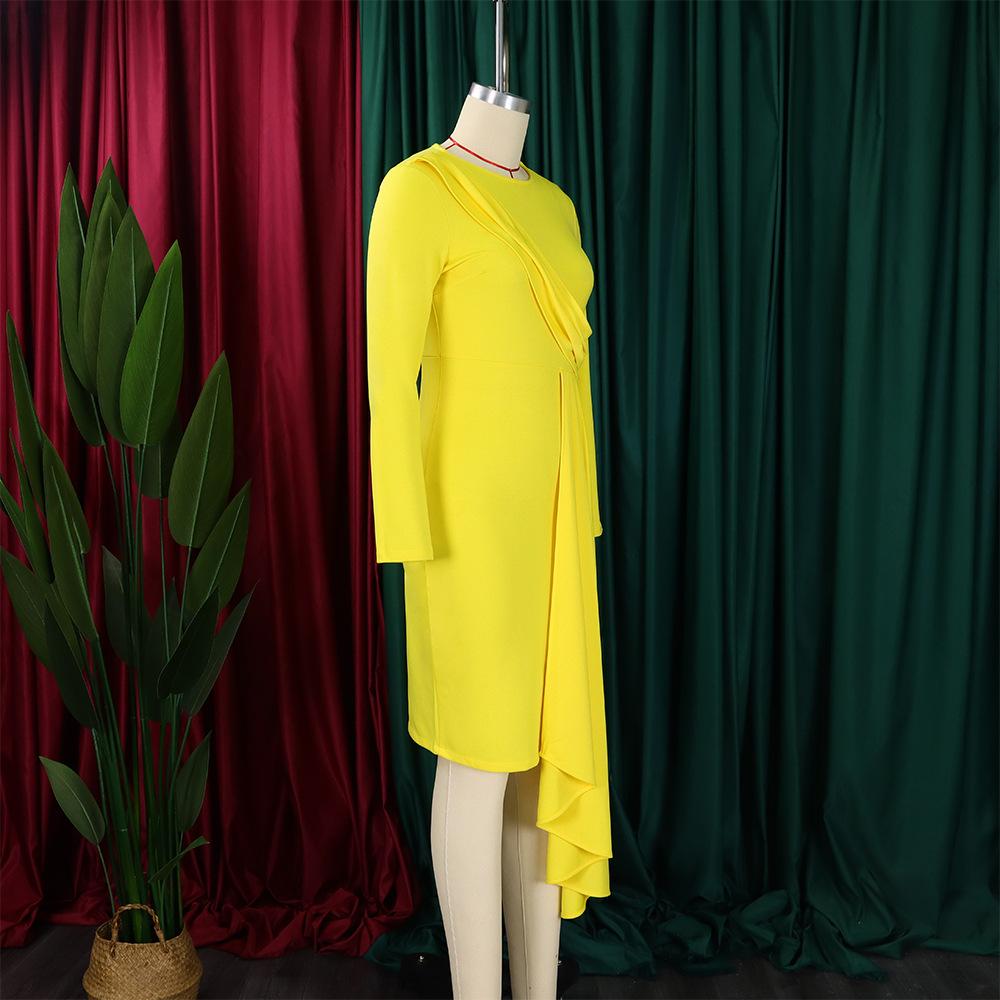 Large Size Women Spring Autumn Fashion Round Collar Long Sleeves Pencil Dress Ladies Elegant One Piece Solid Sheath Dress