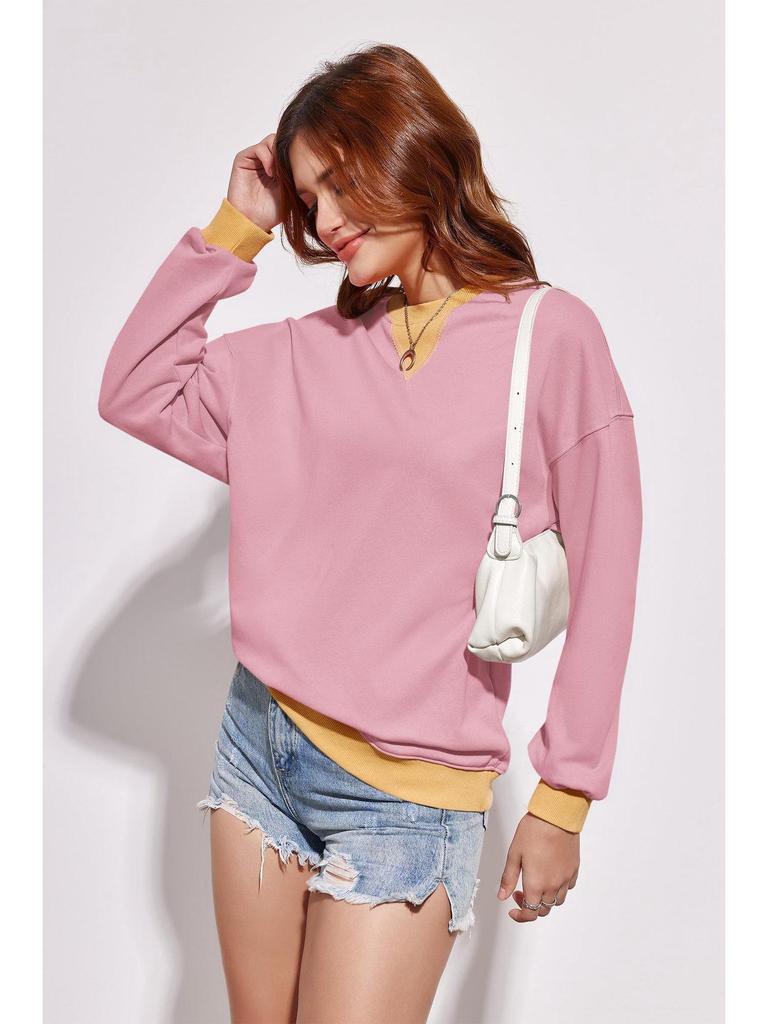2025 Spring European American Style Color Block Long Sleeve Pullover Hoodie with Embroidered Collar