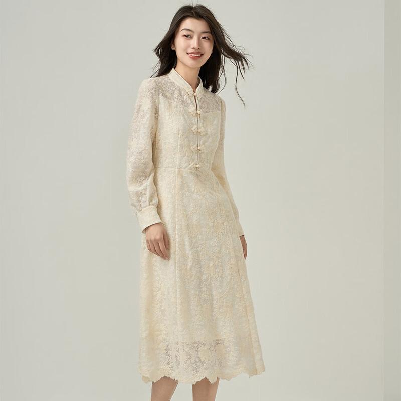 Iveni WEOQ337 Heavy Lace New Chinese Style Long Sleeve Dress