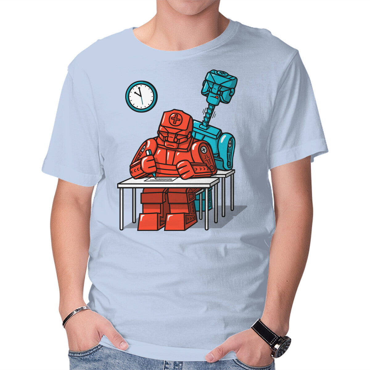 Unisex Crew Neck T-Shirt Robot Exam Graphic Short Sleeve Casual Tee S