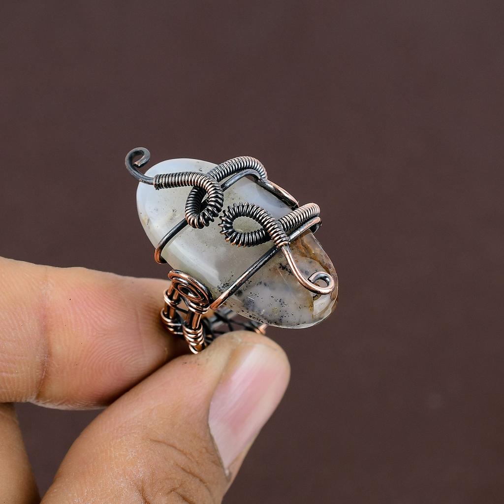 Natural Dendrite Opal Gemstone Handmade Copper Wire Wrap Ring Size 6 t5P46