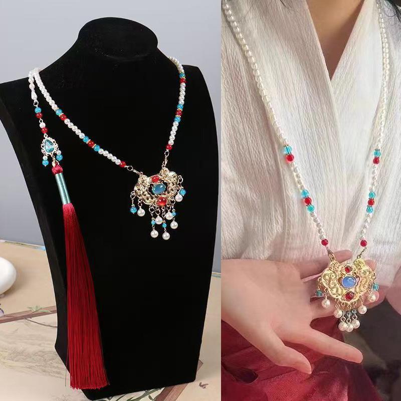 Ethnic Style Hollow Carved Lucky Bag Pendant Green Imitation Jade Handmade Beaded Long Necklace