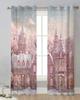 Christmas Snowman Snow Scene Pink House Sheer Curtains for Living Room Decoration Window Curtains Kitchen Tulle Voile Curtains