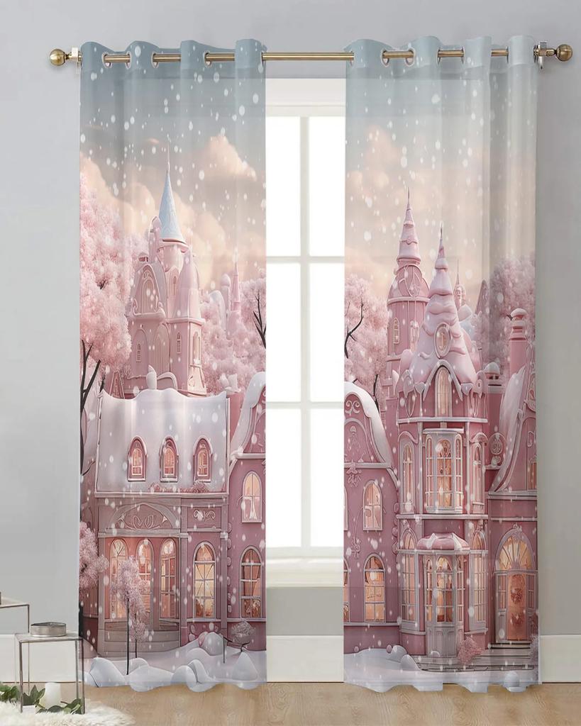 Christmas Snowman Snow Scene Pink House Sheer Curtains for Living Room Decoration Window Curtains Kitchen Tulle Voile Curtains