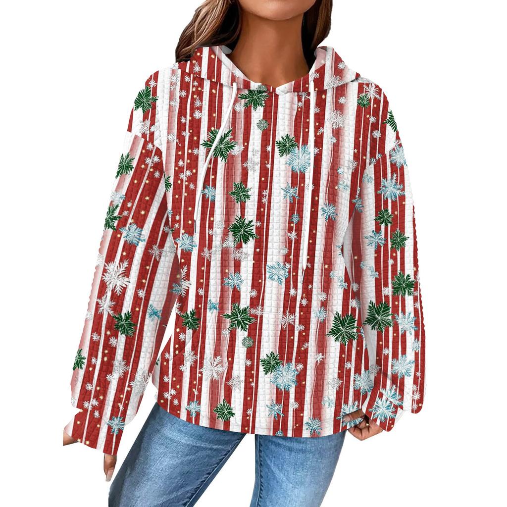 Women's Fashion Loose Hooded Pullover Long Sleeve Plaid Sweatshirt With Drawstring, Drop Shoulder, Pocket, Christmas Print Top