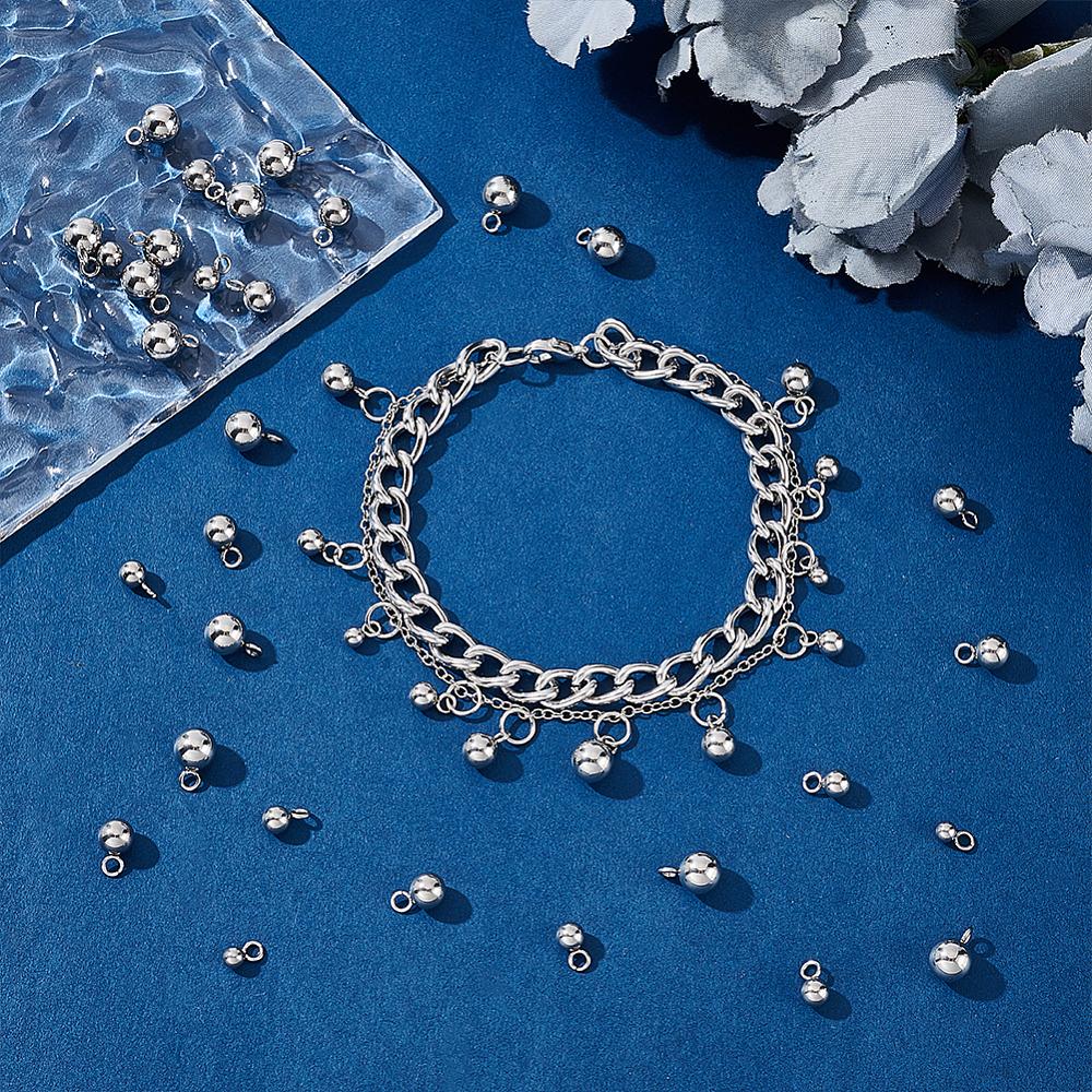 160Pcs 4 Styles 304 Stainless Steel Charms, Ball Charm, Stainless Steel Color, 6~9x3~6mm, Hole: 1.6~1.8mm, 40pcs/style