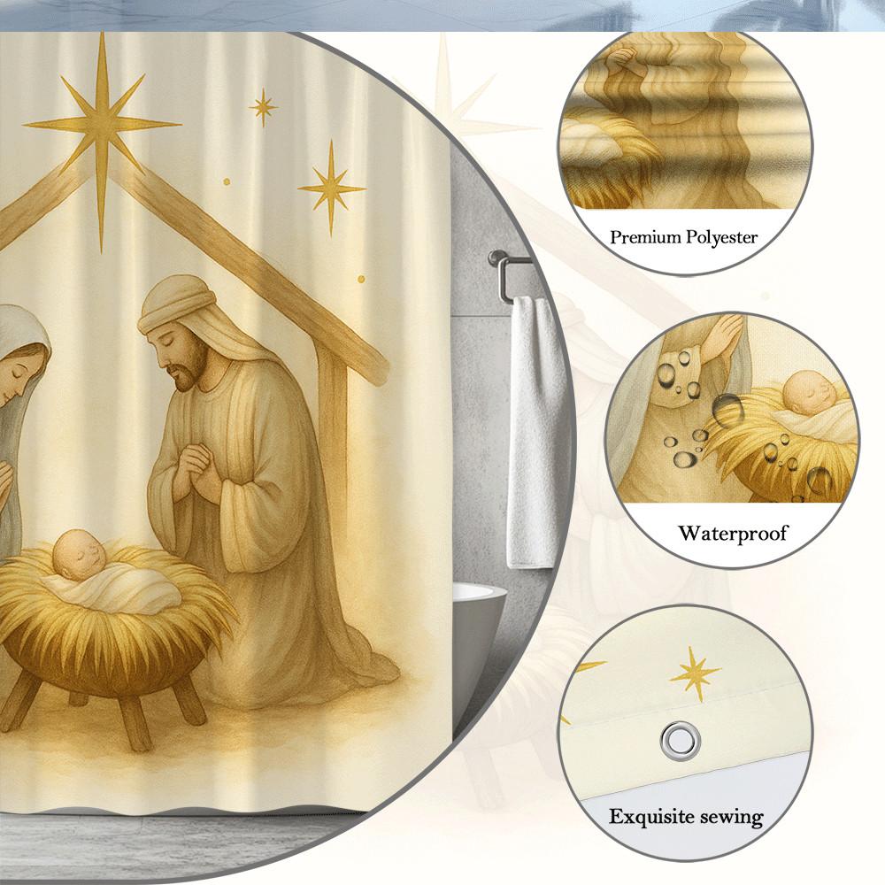 Christmas Nativity Scene Shower Curtain Holy Family Stable Star Of Bethlehem Religious Decor Waterproof Free Hooks Included