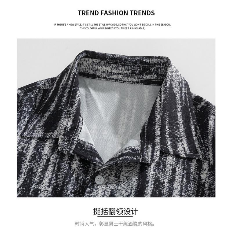 Men's Black White Abstract Stripe Print Short Sleeve Shirt - Oversized Casual Streetwear Summer Button Up