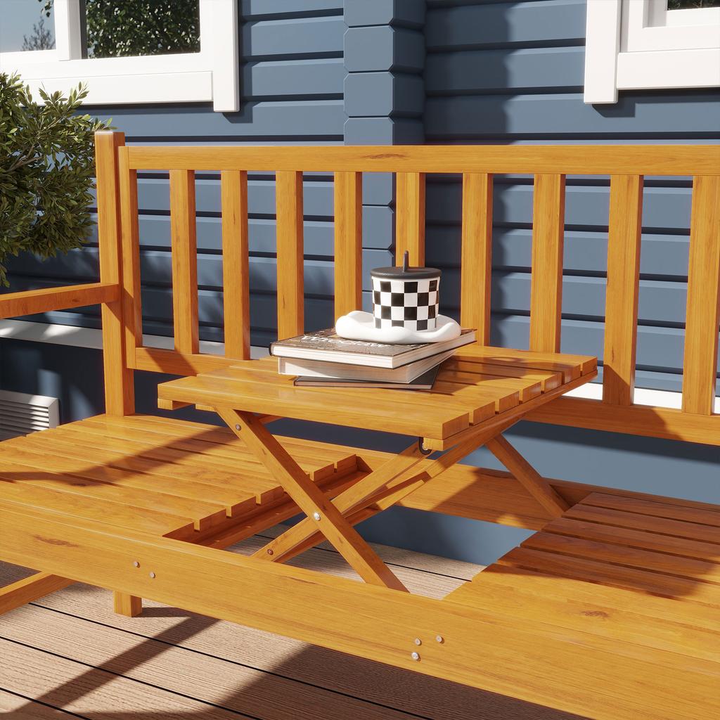 Banc en Bois avec Table Centrale Relevable, Banc d'Extérieur, Loveseat de Patio pour Porche, Jardin, Assise pour 2-3 Personnes