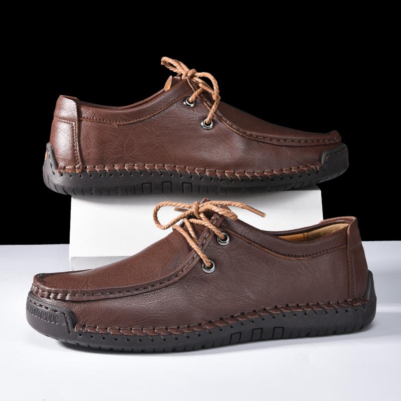 Fashion New Fashionable Leather Men's Casual Shoe  Solid-Color Comfortable Driving Shoe  Breathable And Anti-Slip Lace -Up Driving Shoes