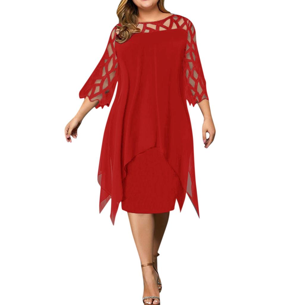 Damenkleid mit Rundhalsausschnitt, Spitzen-Patchwork, verkürztem Saum und 3/4-Ärmeln