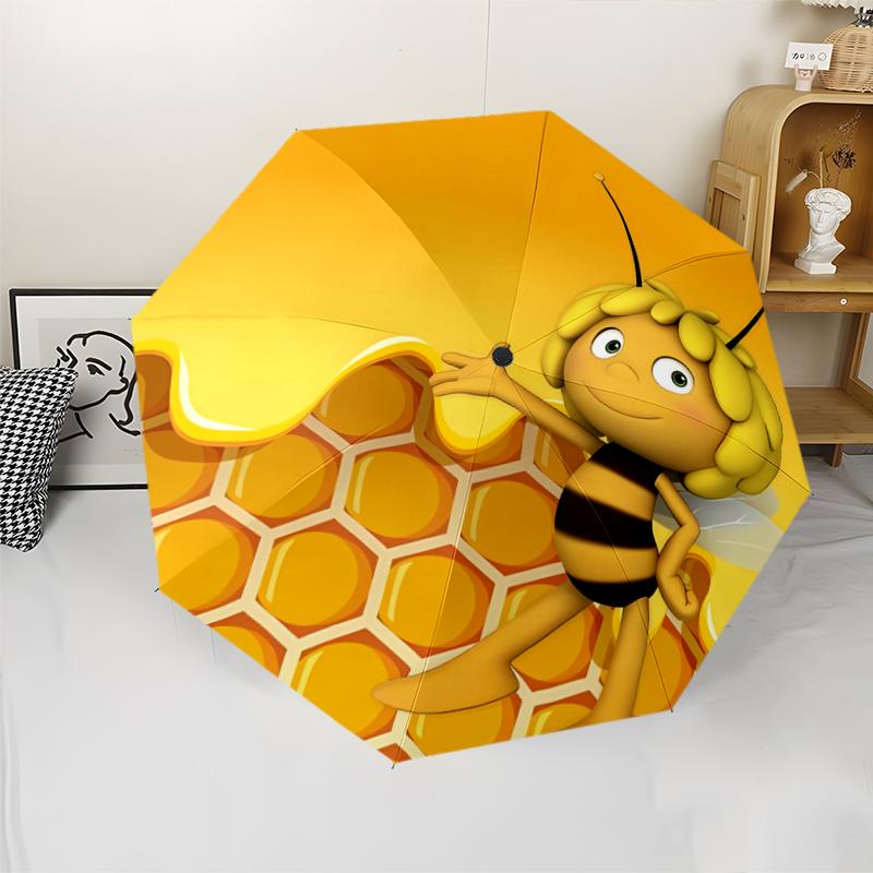 Maya the Bee Print Automatic Umbrella, 8 Rib Iron Frame, Plastic Handle, Suitable for Outdoor Travel &Daily , Ideal Gift