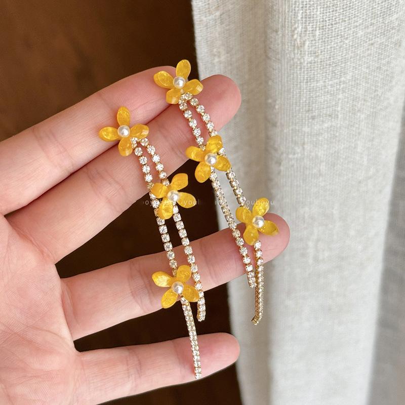 New Trend Yellow Color Acrylic Flower CZ Cubic Zirconia Tassel Long Drop Earrings for Women 14K Real Gold Plated Copper