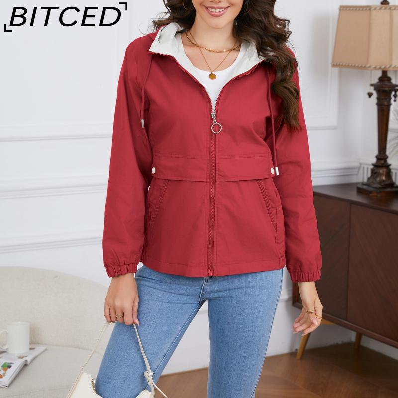 BITCED Hooded Solid-Colour Trench Coat for Women Long-Sleeved Spring/Autumn Lightweight Jacket Casual Style