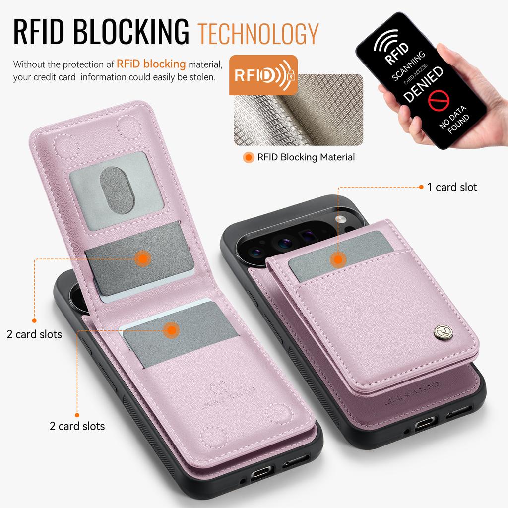 For Google Pixel 10 Pro XL Leather Back Cover JEEHOOD J06 Magnetic Phone Case with Card Bag RFID Blocking