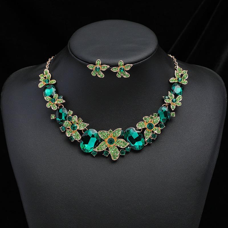 3pcs Luxurious and Exquisite Floral Necklaces and Earrings Set with Colorful Zircons Set for Bridal Banquet Dress Decoration