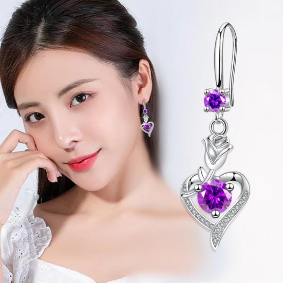 Yousheng 1 Pair Hoop Earrings Shining Cubic Zirconia Geometric High-end Pendant Dress Up Hypoallergenic Rose Flower Heart Dangle Earrings Fashion