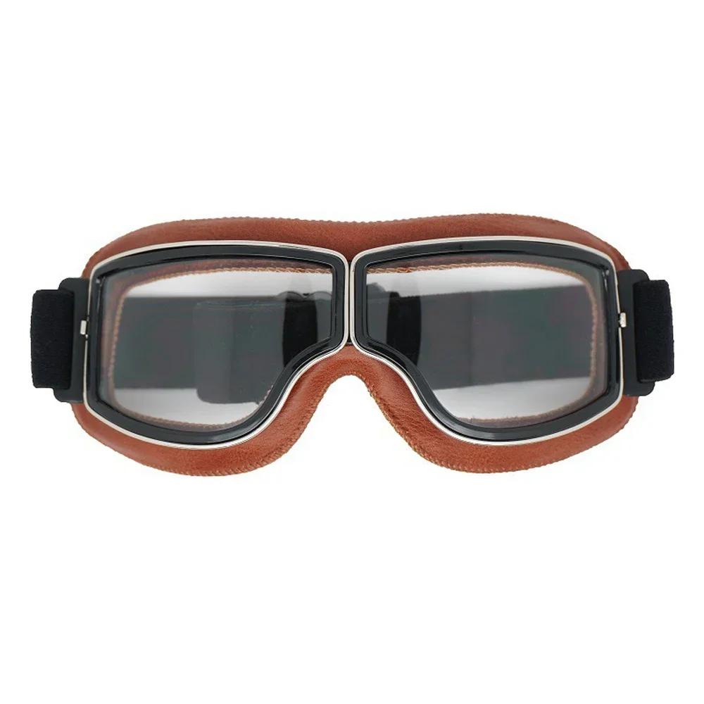 Vintage Pilot Motorcycle Goggles UV400 Windproof Scratch Resistant PC Lens with Leather Trim for Open Face Helmet