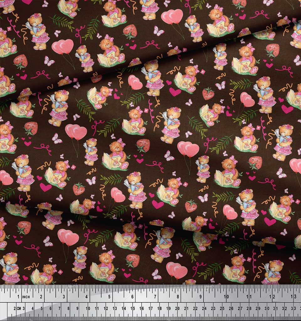 Soimoi Brown Japan Crepe Satin Fabric Balloon & Teddy Bear Kids Printed Craft Fabric by the Metre 42 Inch