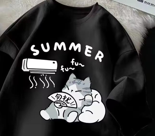 Summer Unisex Oversize Tshirt Korean Casual Loose Style Kitten Blowing Fan Print Tshirt Suitable for Both Unisex WoUnisex Unisex Clothing