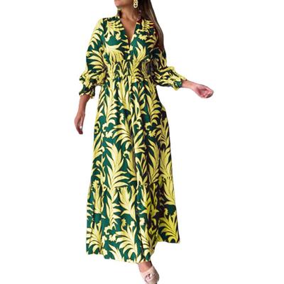 Women's Long Sleeve V Neck Bohemian Long Print Plus Size Dress