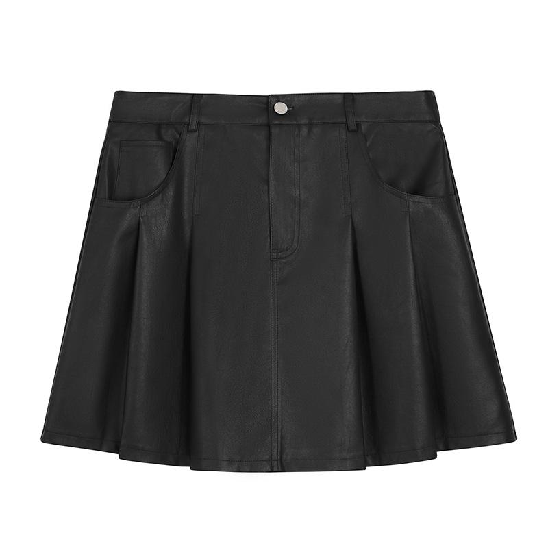 

Korean High-Waist Chimera Leather A-Line Pleated Skirt - Spring Style, Plus-Size, Slim Fit, Short Skirt 4XL (180-200 jins)