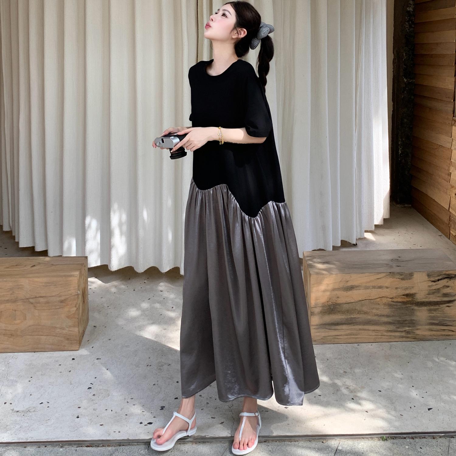 

DIMANAF 2025 Summer Plus Size Dress Women Casual Vintage Dress O-Neck Spliced Oversized Basic Long Loose Dress 3XL чёрный