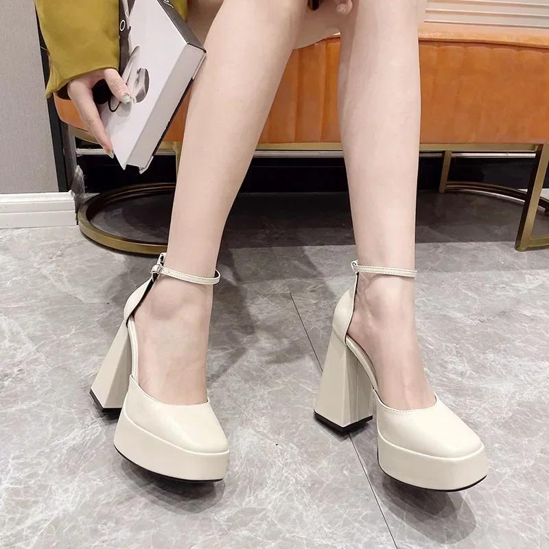 

Черные/бежевые туфли Мэри Джейн на платформе с пряжкой и ремешком, на каблуке, женские туфли-лодочки на каждый день с квадратным носком и высотой каблука 13 см 37