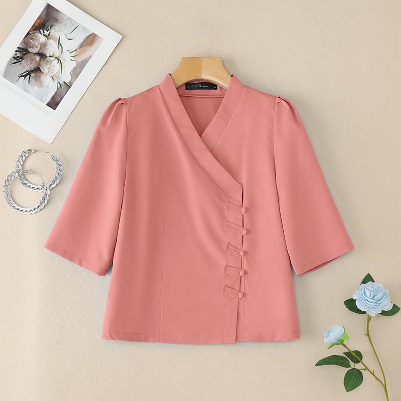 ZANZEA Women Summer V-Neck Solid Color Half Sleeve Blouse