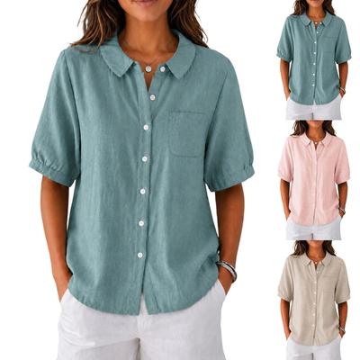 Women's Linen Cotton Short Sleeve Shirt Loose Fit Button Down Casual Lightweight Blouse with Pocket Relaxed Fit Summer Top