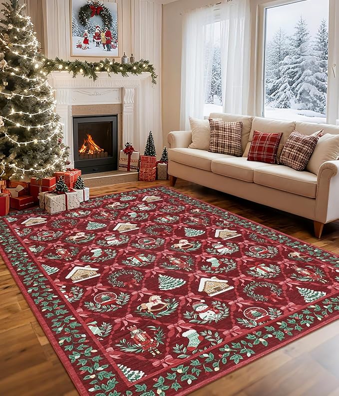 Christmas Floral Carpet Mat Rug Red Green Beige Vine Pattern with Snowman Tree Design Soft Floor Mat for Home Decoration
