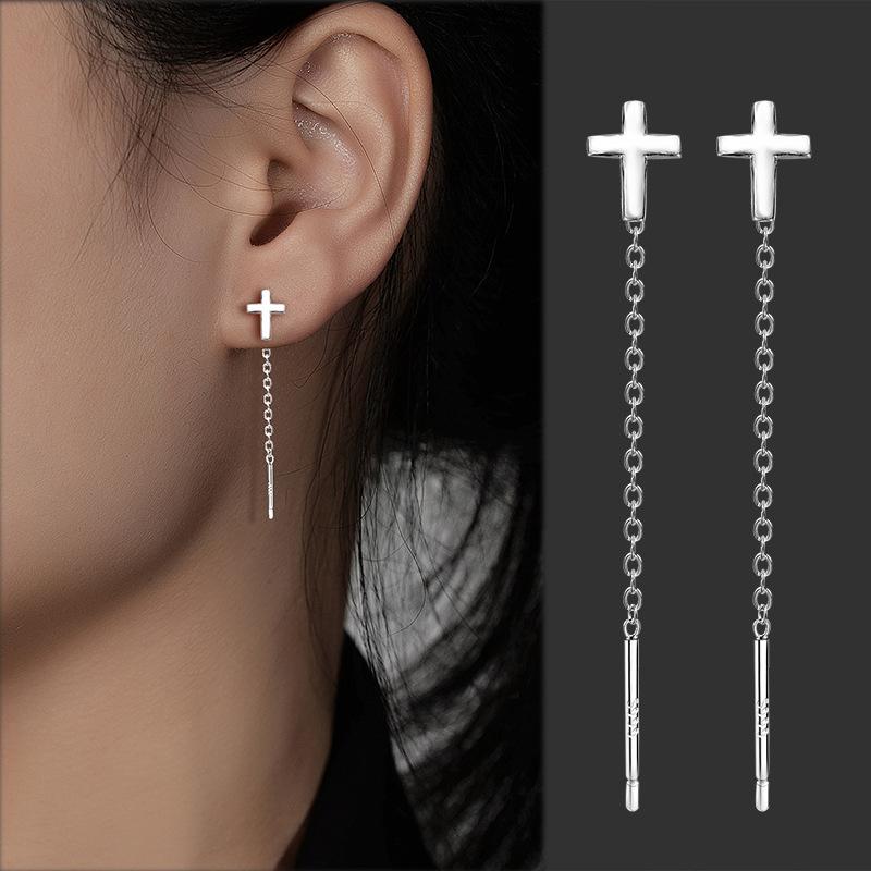 Fashion Silver Color Cross Line Earring for Women Girls Long Tassel Drop Earring Delicate Piercing Ear Jewelry Accessories