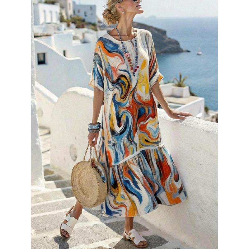 

Summer Marble Print Ruffle Hem Midi Dress Batwing Sleeve Loose Fit Boho Beach Dress XXXL коричневий