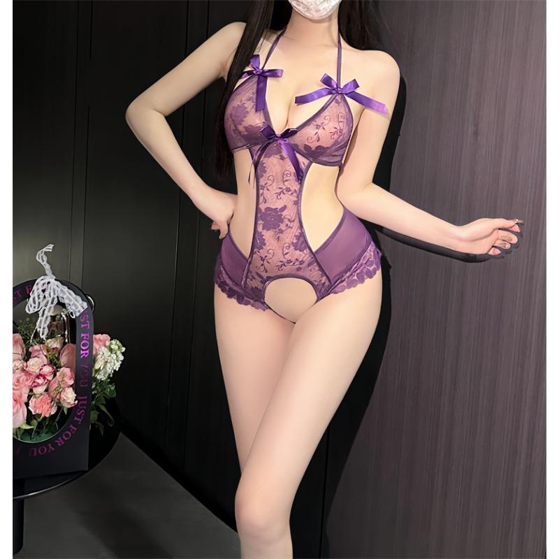 Bow One-piece Open Crotch Free Sex Underwear Sexy Suspenders Pure Desire Uniform Lace Seduction Pajamas 8