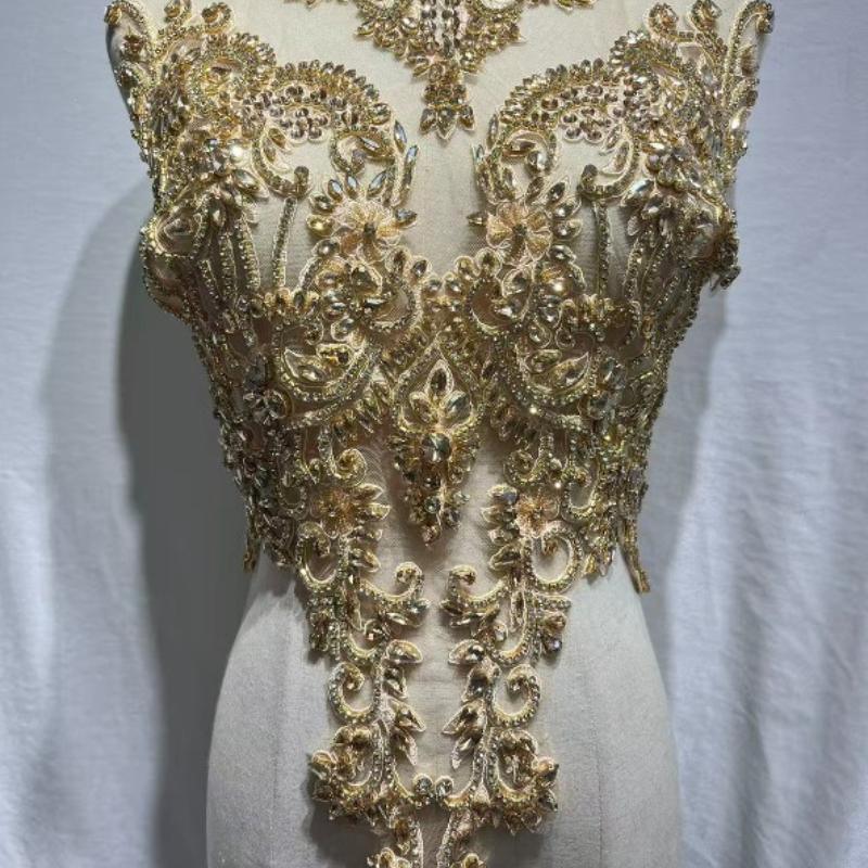 22 Colors Hand-Sewn Glass Rhinestone Beaded Embroidered Mesh Applique Patches for Dress Decoration Clothing Accessories