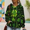 Women Plus Size Long Sleeve Dark Green Clover Printed Drawstring Hoodie Kangaroo Pocket Pullover