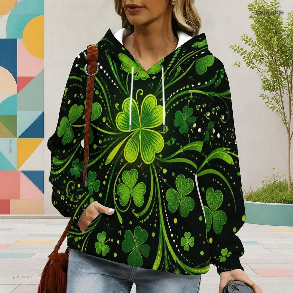 Women Plus Size Long Sleeve Dark Green Clover Printed Drawstring Hoodie Kangaroo Pocket Pullover