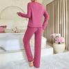 2Pcs/Set Women Pajamas Set V-Neck Long Sleeve Lace Trim Tops Elastic Waist Long Pants Set Solid Color Ribbed Sleepwear
