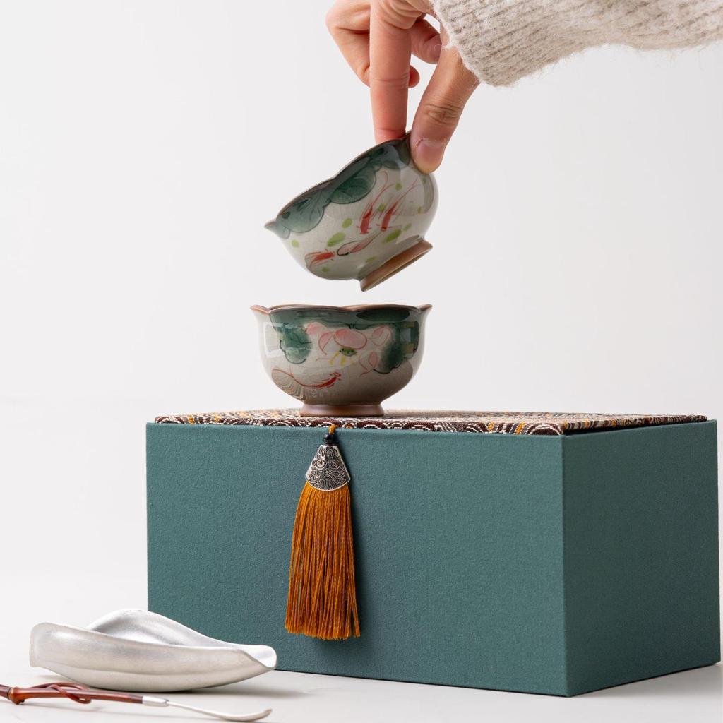 Ge Kiln Hand-Painted Ceramic Tea Cups Set - Pair of Gongfu Cups with Gift Box, Customizable Logo for Business Gifts