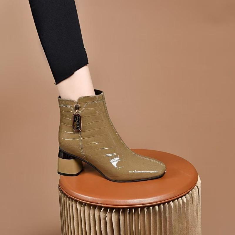 High-heeled Patent Leather Booties French Block Heel High-end Women's Mid-heel Boots