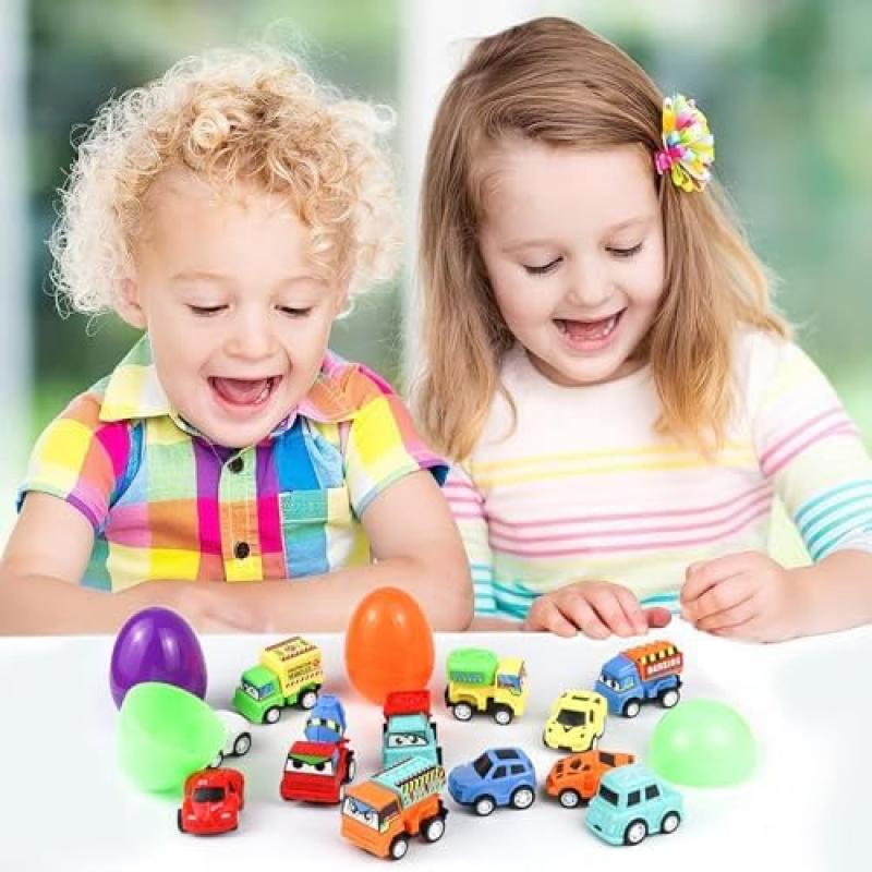 12 Pack Car Easter Eggs with Toy Cars, City Cars & Trucks for Easter Egg Hunt, Basket Stuffers, Party Favors, Easter Gifts for Kids Boys Girls