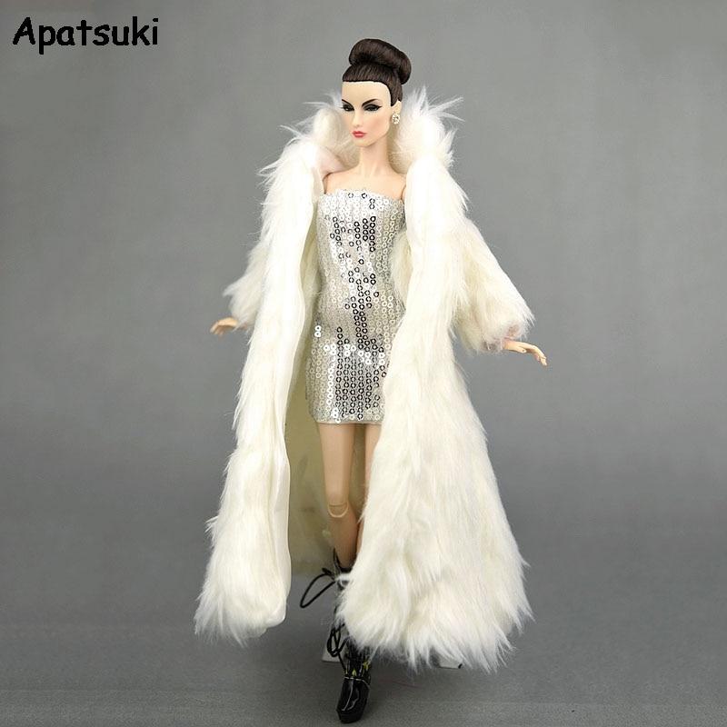 Příslušenství pro panenky Barbie, oblečení, parka, zimní super dlouhý kožešinový bílý kabát a stříbrné šaty, módní oblečení pro panenku 1/6